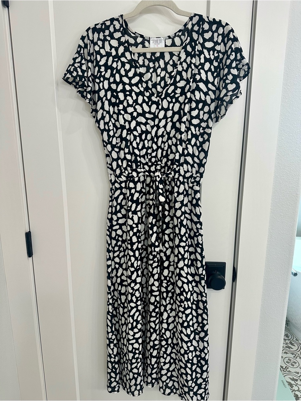 Sienna Sky Black and White Midi Dress with Tie-Waist